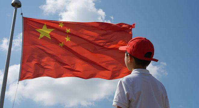 A Chinese child wearing a red cap with his back turned is looking at the Chinese flag that is waving. October 1 China National Day.
