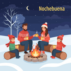 A cozy family of four celebrating Nochebuena, sitting around a warm campfire on a snowy winter night, symbolizing togetherness and holiday spirit.