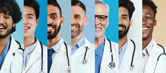 A collage showcases half portraits of diverse men doctors, all wearing lab coats and stethoscopes. They display friendly smiles, creating a welcoming and professional atmosphere.