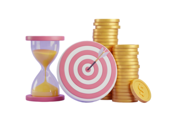 Time is money concept stacked gold coins hourglass target board symbolizing financial goals investment strategy business success and strategic planning Tansparent Background