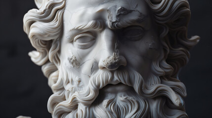 Close-up of ancient marble statue of Zeus with cracks and weathered details, symbol of timeless mythology.