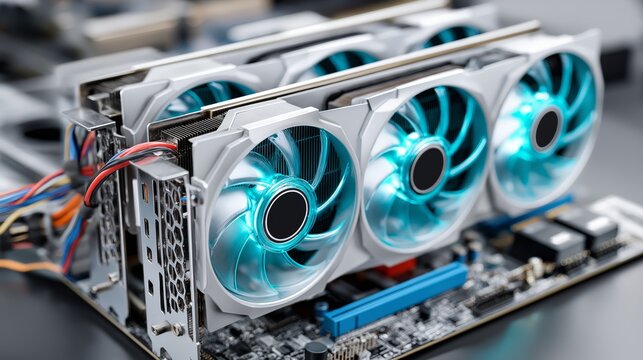 Futuristic glowing graphics card with multiple cooling fans on circuit board symbolizing advanced computer hardware gaming power and modern digital design, Generative AI