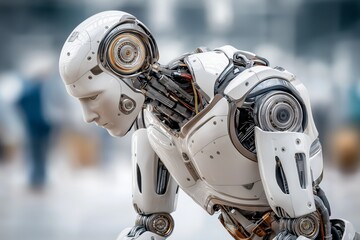 Fototapeta premium Humanoid futuristic android robot with mechanical body and detailed structure symbolizing artificial intelligence advanced technology and cybernetic innovation, Generative AI