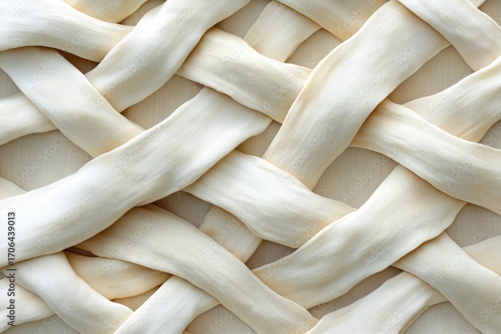 Poster creamy white strips woven together in an intricate, overlapping pattern, creating a textured surface