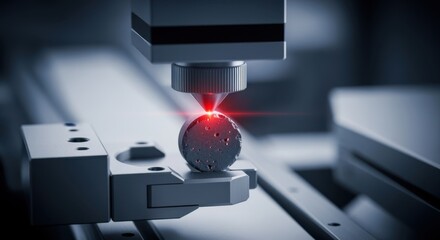 Highmagnification view of fine defects being detected on fusion fuel pellets by an optical scanning system in a specialized assembly line.