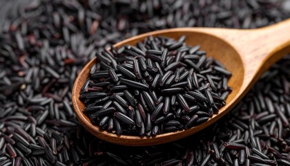 Close-up of black rice in a wooden spoon
