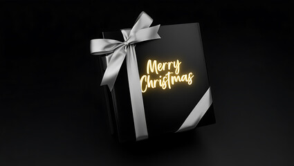 Elegant black gift box with a silver ribbon and merry christmas text