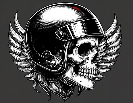 Skull in motorcycle helmet with wings
