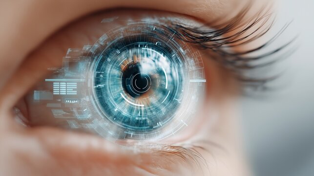 Closeup futuristic human eye with biometric scanning interface symbolizing digital security advanced technology vision and medical research innovation, Generative AI