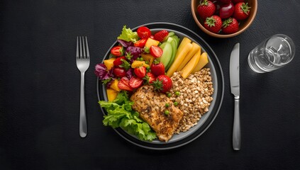 Colorful Healthy Food Flat Lay Balanced Nutrition Plate on Dark Background