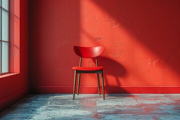 Red laconic chair on a red plain background. Minimalism. Space for text. Copy space