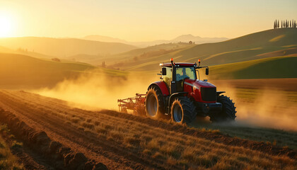Fototapeta premium Powerful red tractor plows field, kicking up dust on rolling hills. Golden sunrise light bathes picturesque landscape. Rural country life, agriculture, farming machinery, hard work at dawn.