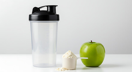 Protein shaker, measuring scoop of whey powder, and fresh green apple on a clean white surface, balanced composition representing nutrition and fitness together, no people.