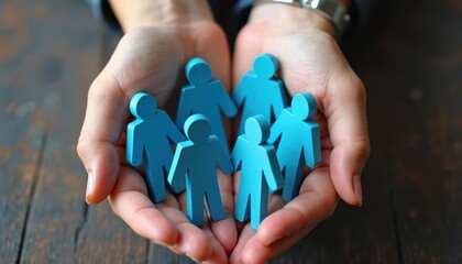 Hands hold blue figures team members. Effective managers delegate tasks, assign responsibility, foster trust, promote collaboration. Leadership ensures efficient teamwork, productivity, successful