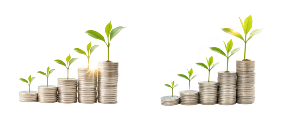 Stacks of coins with small green plants growing on top, symbolizing financial growth and investment, isolated on transparent background