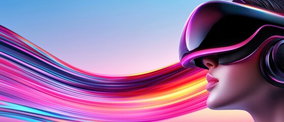 A futuristic design featuring a woman wearing VR goggles, with vibrant colors swirling around, symbolizing immersive technology and digital experiences.