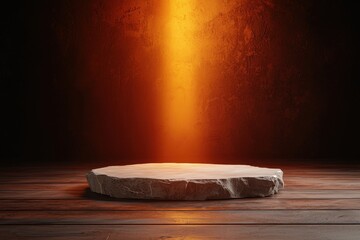 A minimalist stone platform illuminated by a warm, glowing light against a textured backdrop, creating a dramatic and artistic atmosphere.
