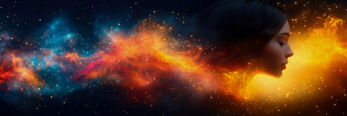 Cosmic Consciousness: Serene Woman's Profile Illuminated by Golden Starlight Blending into Swirling Nebula of Creation