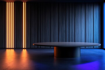 A modern, minimalist room featuring a circular table and dramatic lighting, creating a sleek, stylish ambiance.