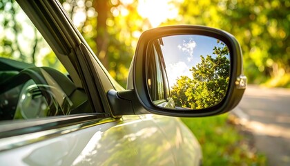 Car side mirror reflecting a sunny road through trees