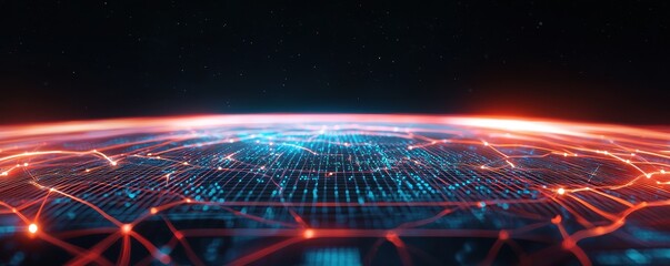 A digital landscape showing interconnected nodes and lines, representing a network or data flow, set against a starry background.