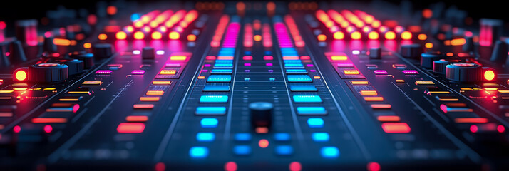 Vibrant neon-lit close-up of modern DJ mixer or music production console, showcasing array of glowing faders, buttons, and knobs in energetic red, blue, and purple hues, evoking dynamic, high-tech mus
