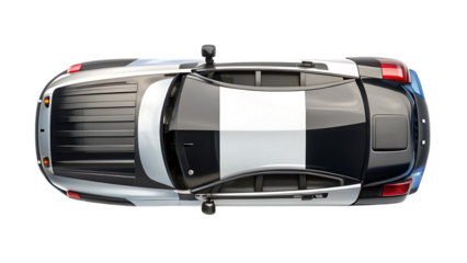 Top Down View of a Police Car with Black and White Striping law enforcement vehicle cutout png AI isolated on a transparent background