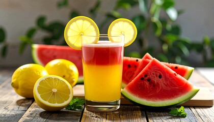 Vibrant layered smoothie drink, adorned with lemon slices, alongside watermelon