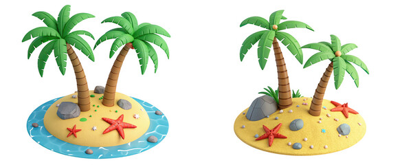 Fototapeta premium Two small tropical islands with palm trees, starfish, and rocks in blue water, isolated on transparent background