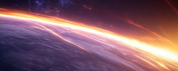A breathtaking view of Earth from space, showcasing a vibrant atmosphere and glowing horizon against a cosmic backdrop.