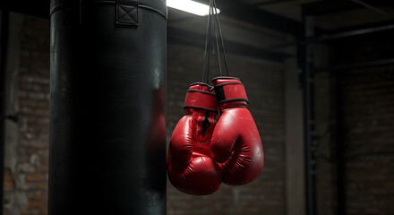 Red boxing gloves hanging from a black punching bag in a dimly lit gym space, gritty industrial style with spotlight effect, focus on power and discipline, no human presence.