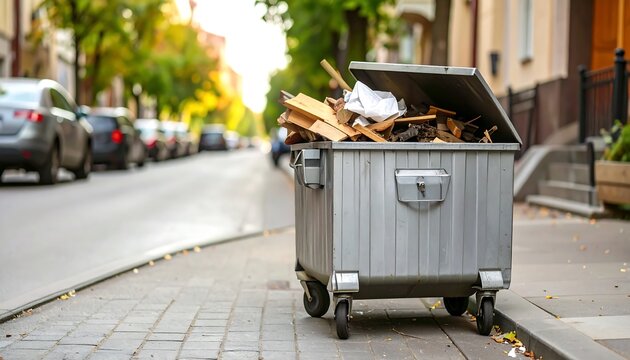 Overfilled city dumpster on a sidewalk