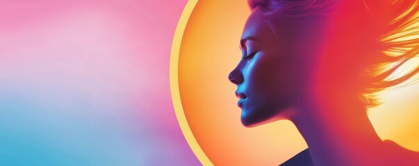 A vibrant, colorful silhouette of a woman's profile against a gradient background, suggesting themes of beauty, serenity, and artistic expression.