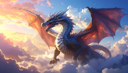 Majestic dragon soaring above clouds at sunrise