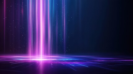A vibrant digital scene featuring vertical light rays in pink and blue hues, creating a futuristic atmosphere against a dark background.