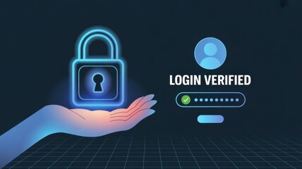 Digital Authentication: A secure digital landscape unfolds, where a hand gently cradles a glowing lock symbol, while the words LOGIN VERIFIED signal a secure entry point.