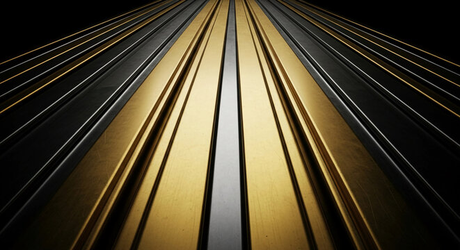 Abstract image of gold and black metallic stripes converging at a vanishing point, creating a dynamic and luxurious showcase ideal for backgrounds or product displays