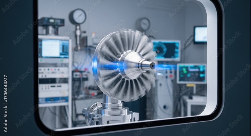 Poster view through a chamber window at a hydrogen turbine blade performing highspeed rotations under contr