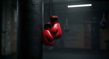 Red boxing gloves hanging from a black punching bag in a dimly lit gym space, gritty industrial style with spotlight effect, focus on power and discipline, no human presence.