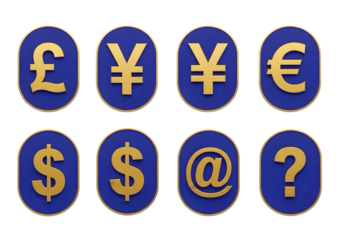 Collection of golden currency symbols and question mark icons on blue oval backgrounds digital art for finance and business concepts Tansparent Background