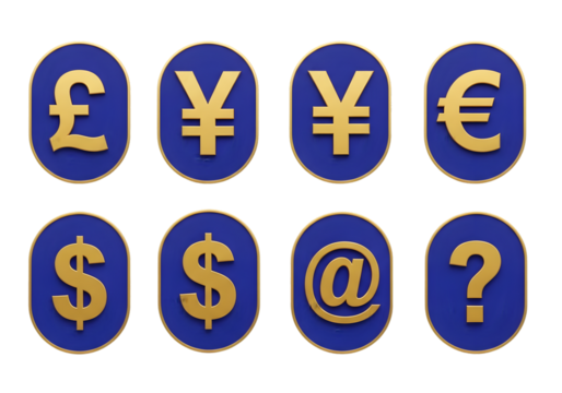 Collection of golden currency symbols and question mark icons on blue oval backgrounds digital art for finance and business concepts Tansparent Background