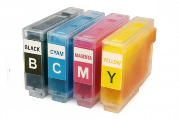 Colorful cmyk ink cartridges - cyan, magenta, yellow, black - lined up against transparent backdrop, representing printing color spectrum