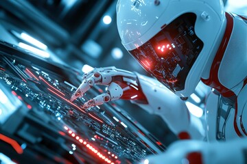 A futuristic robot interacts with a high-tech interface, showcasing advanced technology and artificial intelligence in a sleek, modern environment.