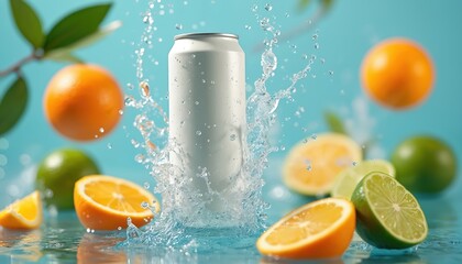 Aluminum mid-air splash. Citrus fruit, lime, orange slices, water bubbles. Refreshing beverage, summer drink, healthy lifestyle, vitamin C. Diet soda, juice, hydration, thirst quencher, product shot