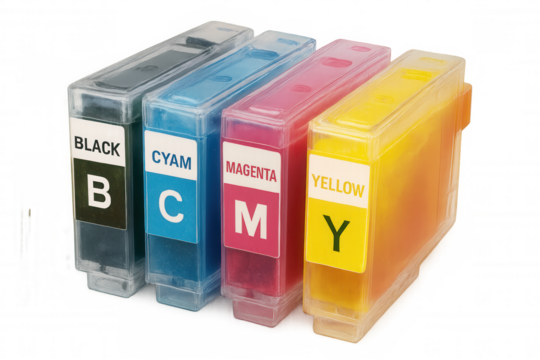 Colorful cmyk ink cartridges - cyan, magenta, yellow, black - lined up against transparent backdrop, representing printing color spectrum