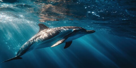Obraz premium Serene Underwater Scene of Dolphin Swimming in Sunlit Ocean