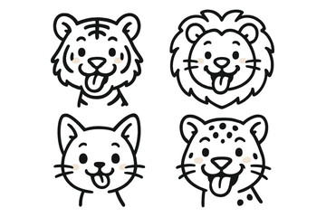 Line Style Cats. Line style icons of cats with tongue out: playful tiger, silly lion, curious kitten, goofy jaguar; tongue flick