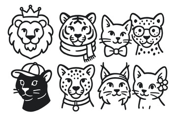 Big Cats with Accessories. Line style icons of big cats with accessories: lion with crown, tiger with scarf, cat with bow tie,