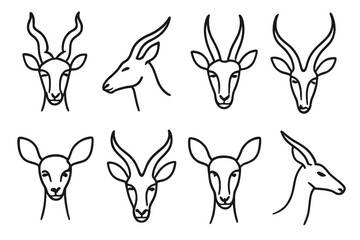 Antelope Line Icons. Line style icons of antelope heads: antelope with spiral horns, side view antelope, front-facing antelope,