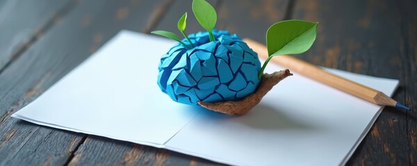 Creative blue brain sculpture with green leaves growth, intelligence sits on white paper next to pencil. Abstract art concept represents new ideas, learning, mental development. Minimalist design.